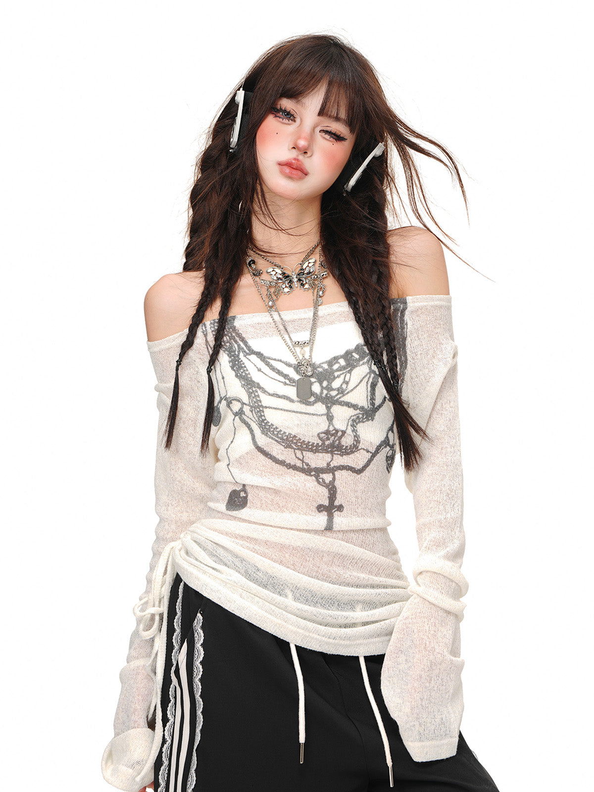 Off-Shoulder Sheer Knit Drawstring Top – Sweet Transparent Long Sleeve Blouse