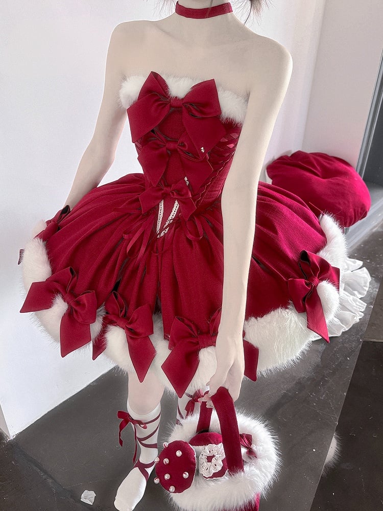 Christmas Lolita Dress – Fur-Trim Winter Party OP & Hooded Cape Set (Red)