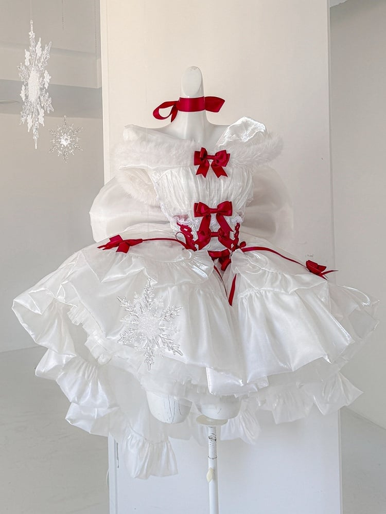 Christmas Lolita Dress — Snow Angel Fur-Trim Winter Dress with Red Bows | Christmas Party Dress