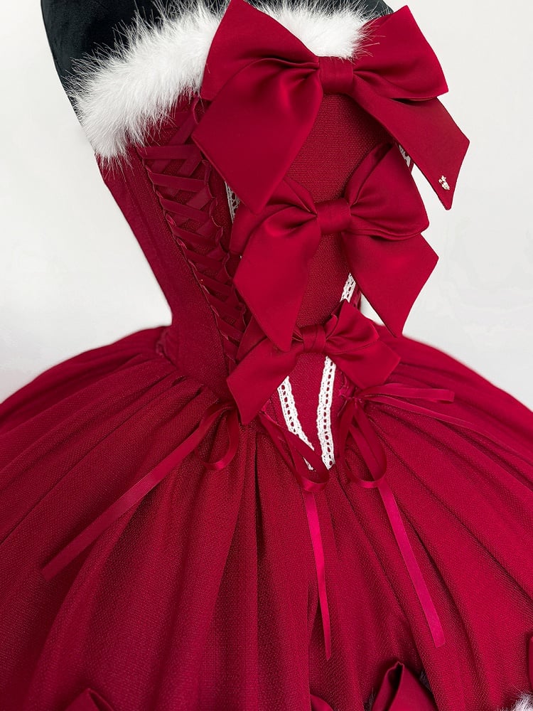 Christmas Lolita Dress – Fur-Trim Winter Party OP & Hooded Cape Set (Red)