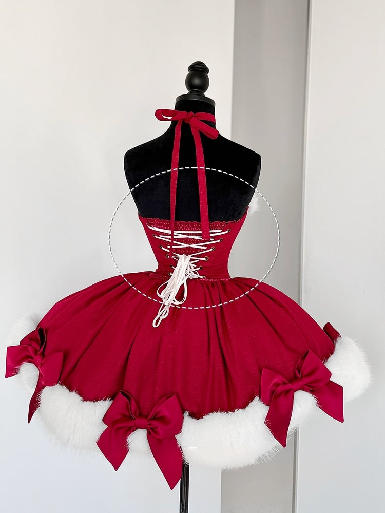 Christmas Lolita Dress – Fur-Trim Winter Party OP & Hooded Cape Set (Red)