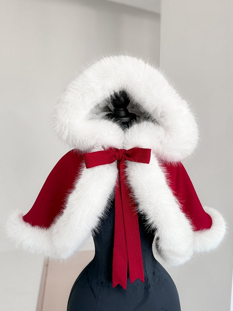 Christmas Lolita Dress – Fur-Trim Winter Party OP & Hooded Cape Set (Red)