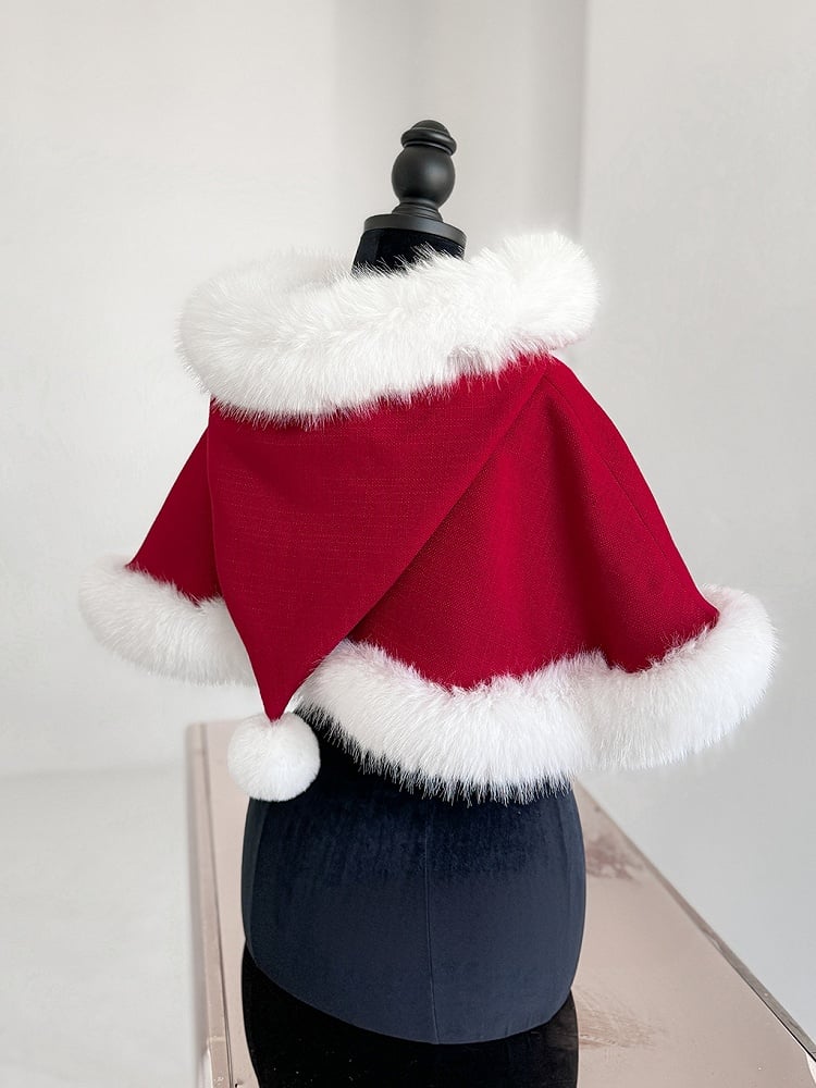 Christmas Lolita Dress – Fur-Trim Winter Party OP & Hooded Cape Set (Red)