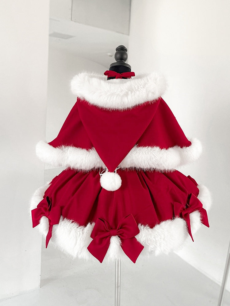 Christmas Lolita Dress – Fur-Trim Winter Party OP & Hooded Cape Set (Red)