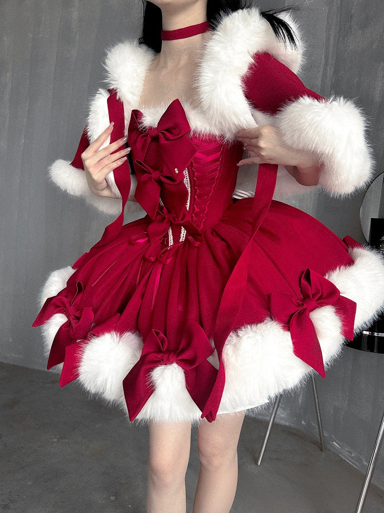 Christmas Lolita Dress – Fur-Trim Winter Party OP & Hooded Cape Set (Red)