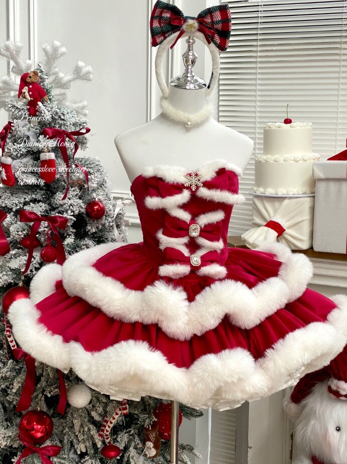 Snow Princess Christmas Party Dress — Winter Lolita Prom Style, Faux-Fur Trim & Detachable Train
