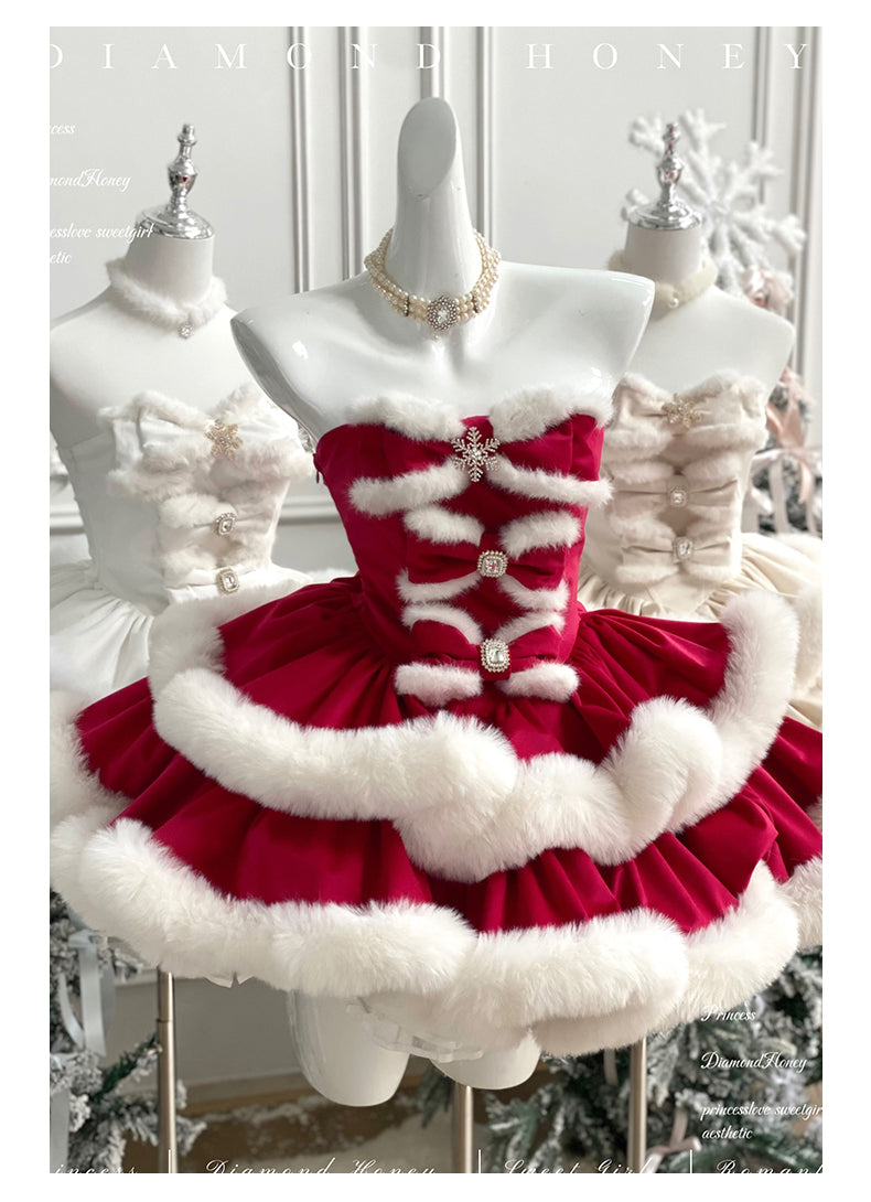 Snow Princess Christmas Party Dress — Winter Lolita Prom Style, Faux-Fur Trim & Detachable Train