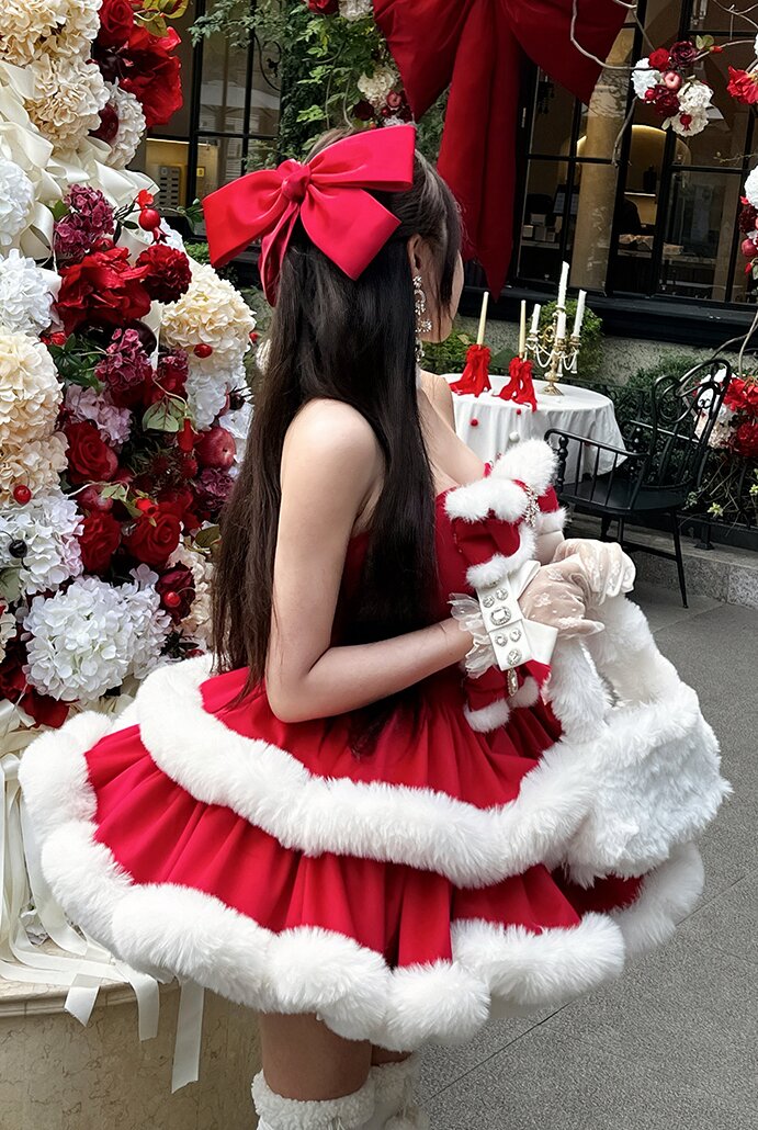 Snow Princess Christmas Party Dress — Winter Lolita Prom Style, Faux-Fur Trim & Detachable Train