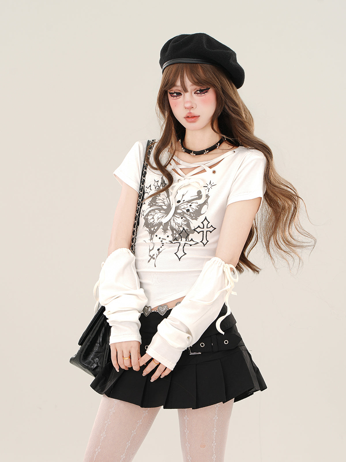 Asymmetric Kawaii Butterfly Tee – Slim Fit Cutout Short Sleeve Top with Arm Sleeves
