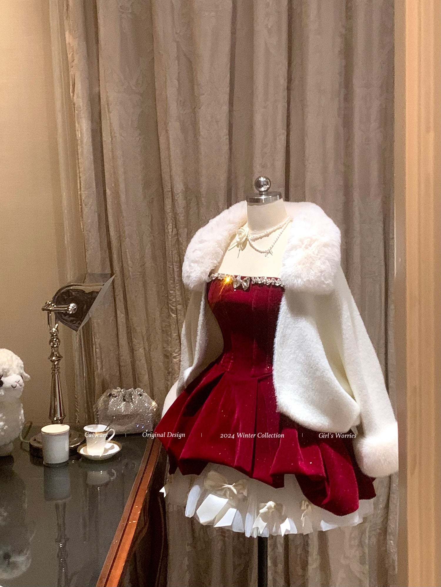 Sparkly Red Velvet Corset Dress Set | Strapless Christmas Party Mini Dress with Bow Petticoat