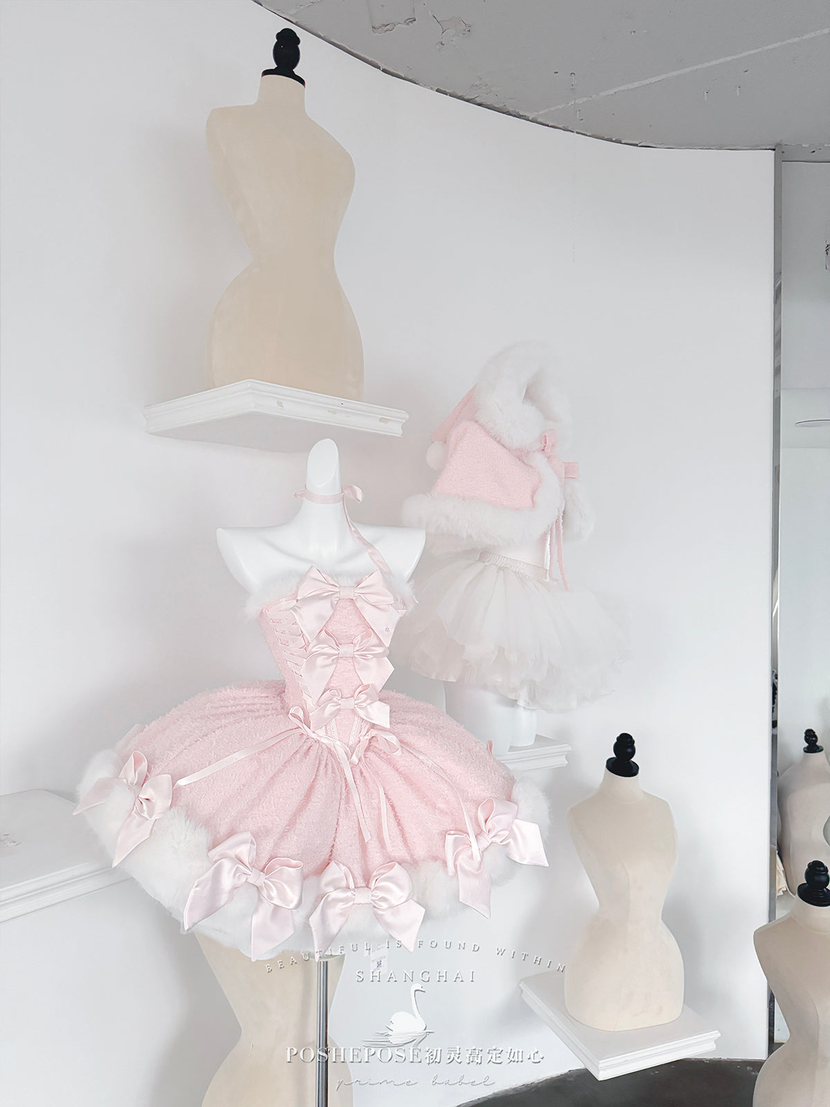 Christmas Lolita Winter Dress with Faux Fur Cape — Milk Pink Bow Princess Snow Dress