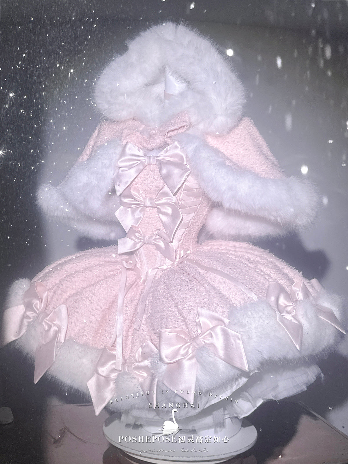 Christmas Lolita Winter Dress with Faux Fur Cape — Milk Pink Bow Princess Snow Dress