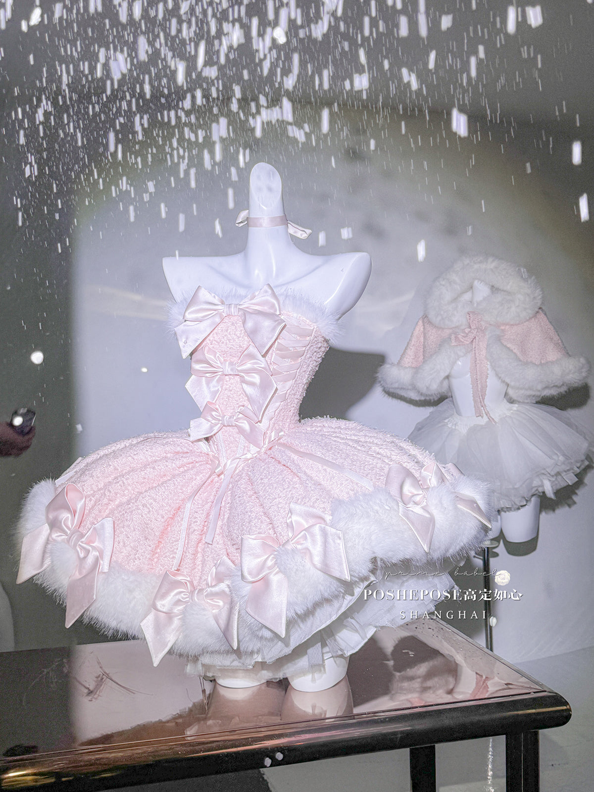 Christmas Lolita Winter Dress with Faux Fur Cape — Milk Pink Bow Princess Snow Dress