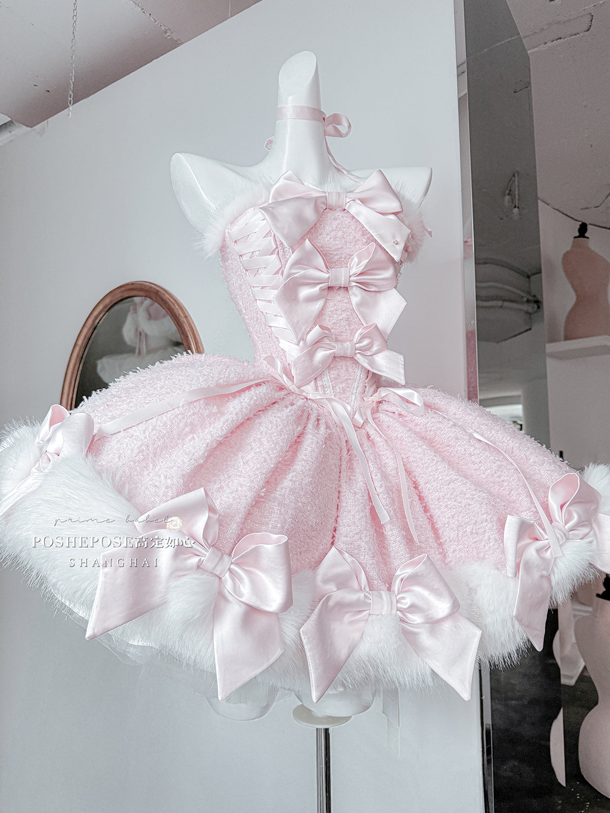 Christmas Lolita Winter Dress with Faux Fur Cape — Milk Pink Bow Princess Snow Dress
