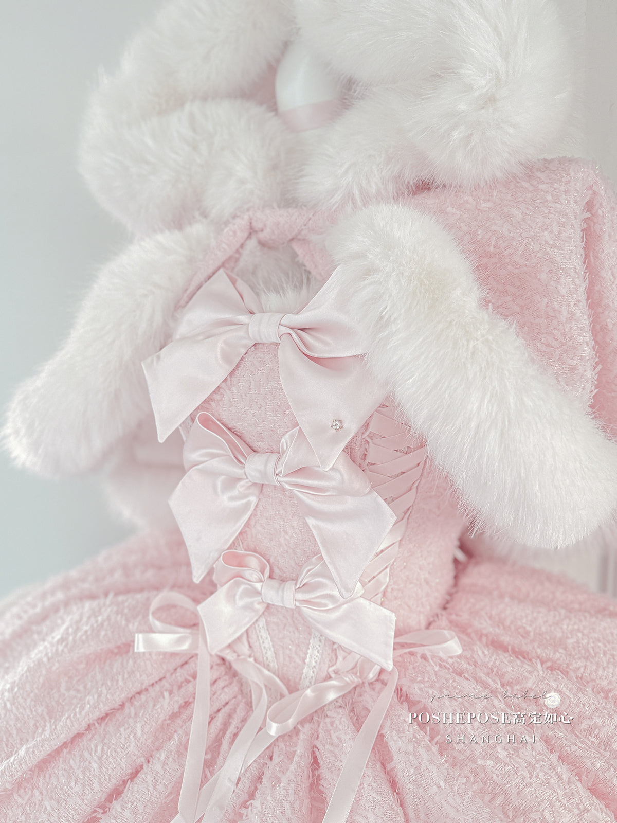 Christmas Lolita Winter Dress with Faux Fur Cape — Milk Pink Bow Princess Snow Dress