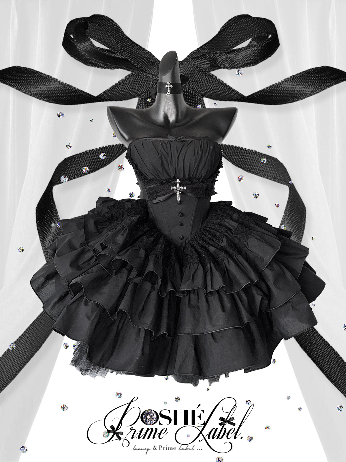 Gothic Winter Ballroom Lolita Dress Set — Dark Coquette Christmas Party Dress with Detachable Sleeves & Heart Bag