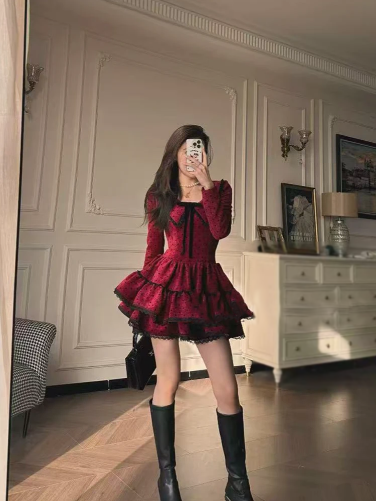 Polka Dot Mini Dress | Vintage Red & Black Lace Trim Fit & Flare