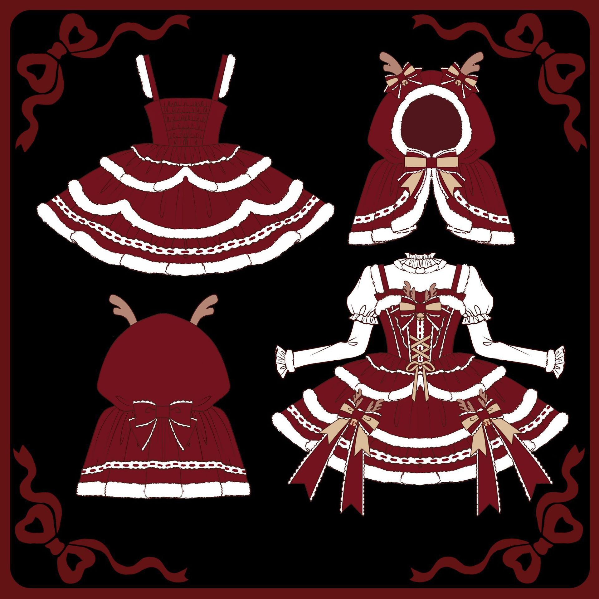 Reindeer Velvet Christmas Lolita Dress Set — Winter JSK with Faux-Fur Trim, Hooded Cape & Golden Bow Details  Festive Holiday Party Dress