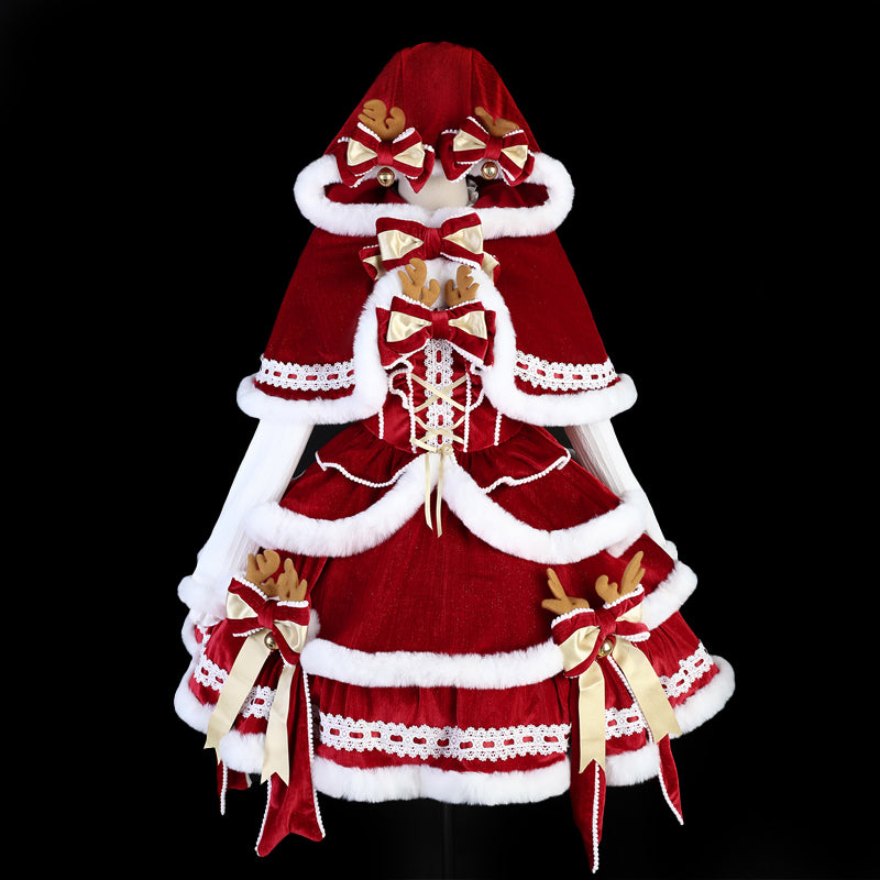 Reindeer Velvet Christmas Lolita Dress Set — Winter JSK with Faux-Fur Trim, Hooded Cape & Golden Bow Details  Festive Holiday Party Dress