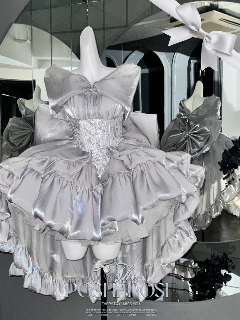 Silver Bow Lolita Dress Set — Winter Dress • Christmas Party Dress • Prom Princess Style
