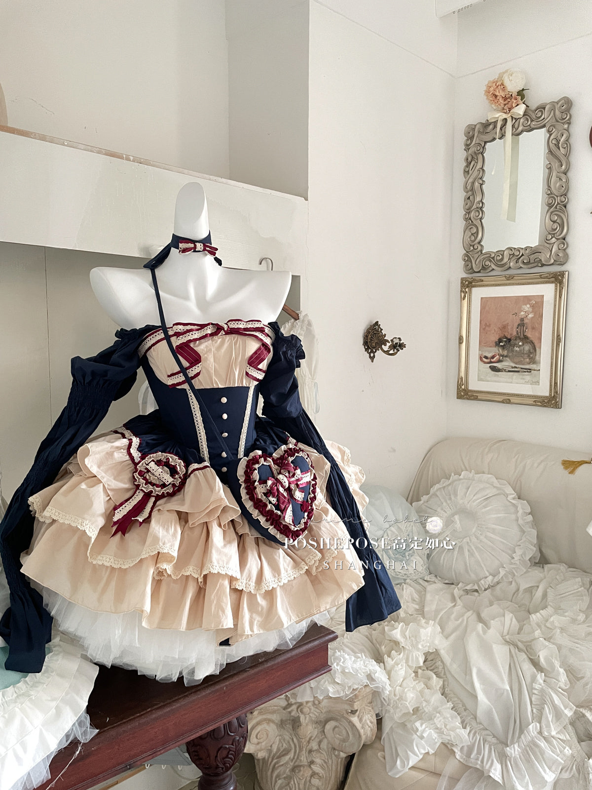 Snow-White Winter Lolita Party Dress Set — Royalcore Corset Prom Dress with Detachable Sleeves & Heart Bag