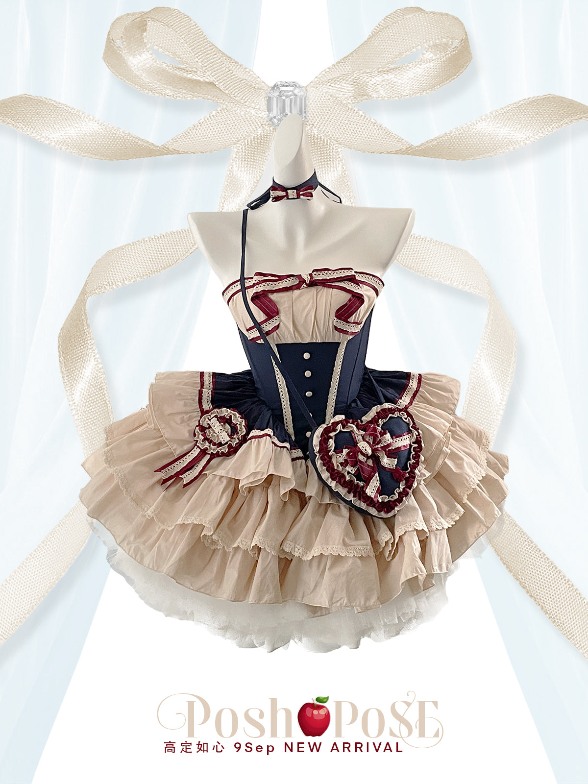 Snow-White Winter Lolita Party Dress Set — Royalcore Corset Prom Dress with Detachable Sleeves & Heart Bag