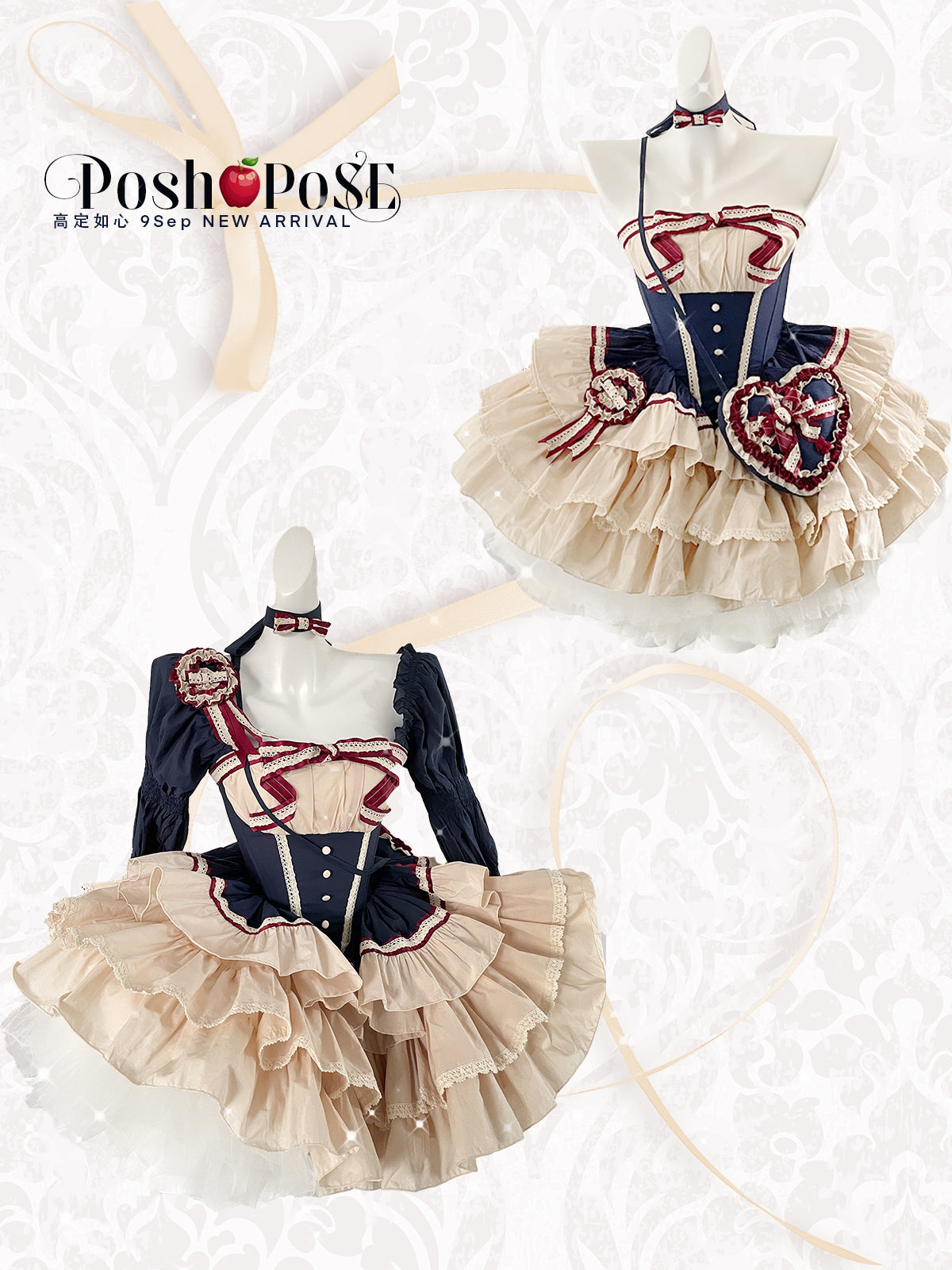 Snow-White Winter Lolita Party Dress Set — Royalcore Corset Prom Dress with Detachable Sleeves & Heart Bag