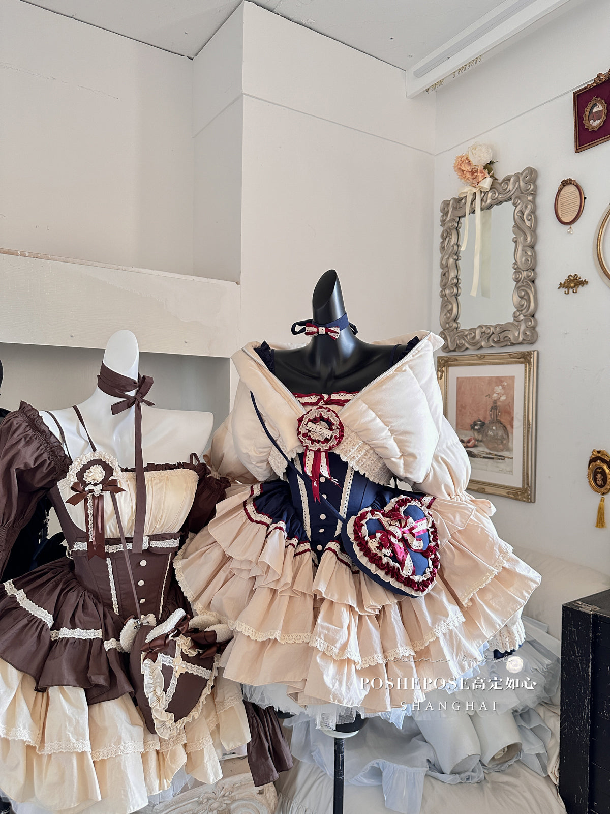 Snow-White Winter Lolita Party Dress Set — Royalcore Corset Prom Dress with Detachable Sleeves & Heart Bag