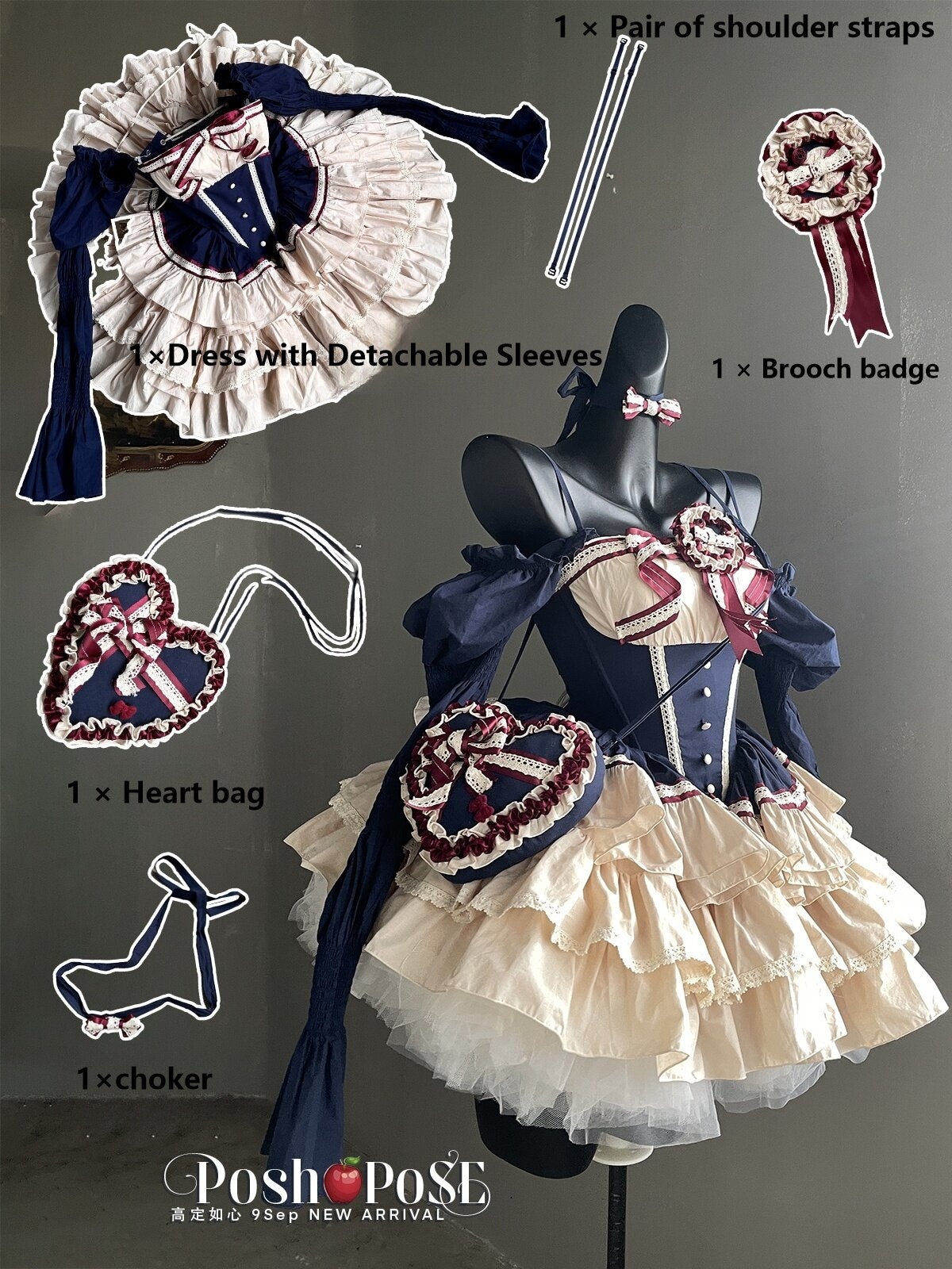 Snow-White Winter Lolita Party Dress Set — Royalcore Corset Prom Dress with Detachable Sleeves & Heart Bag