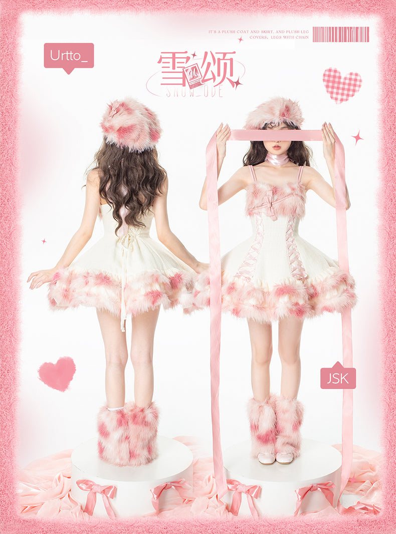 “Snow Ode” Faux Fur Lolita Set — Plush Pink & Silver Outfits for Snow Bunny Girls