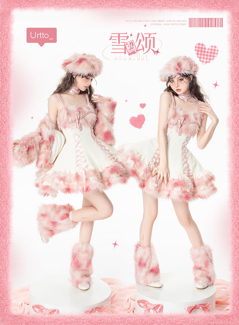 “Snow Ode” Faux Fur Lolita Set — Plush Pink & Silver Outfits for Snow Bunny Girls
