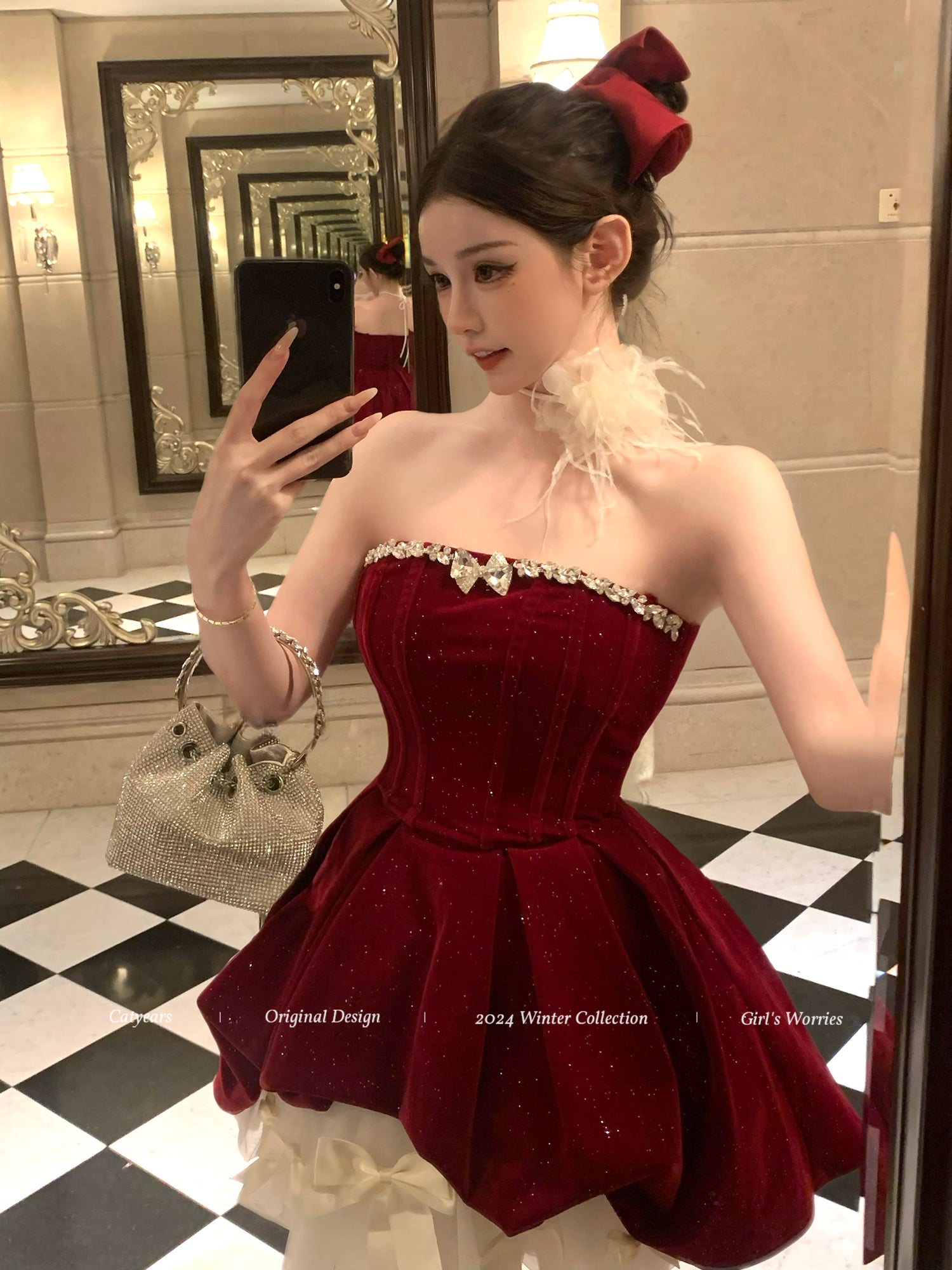 Sparkly Red Velvet Corset Dress Set | Strapless Christmas Party Mini Dress with Bow Petticoat