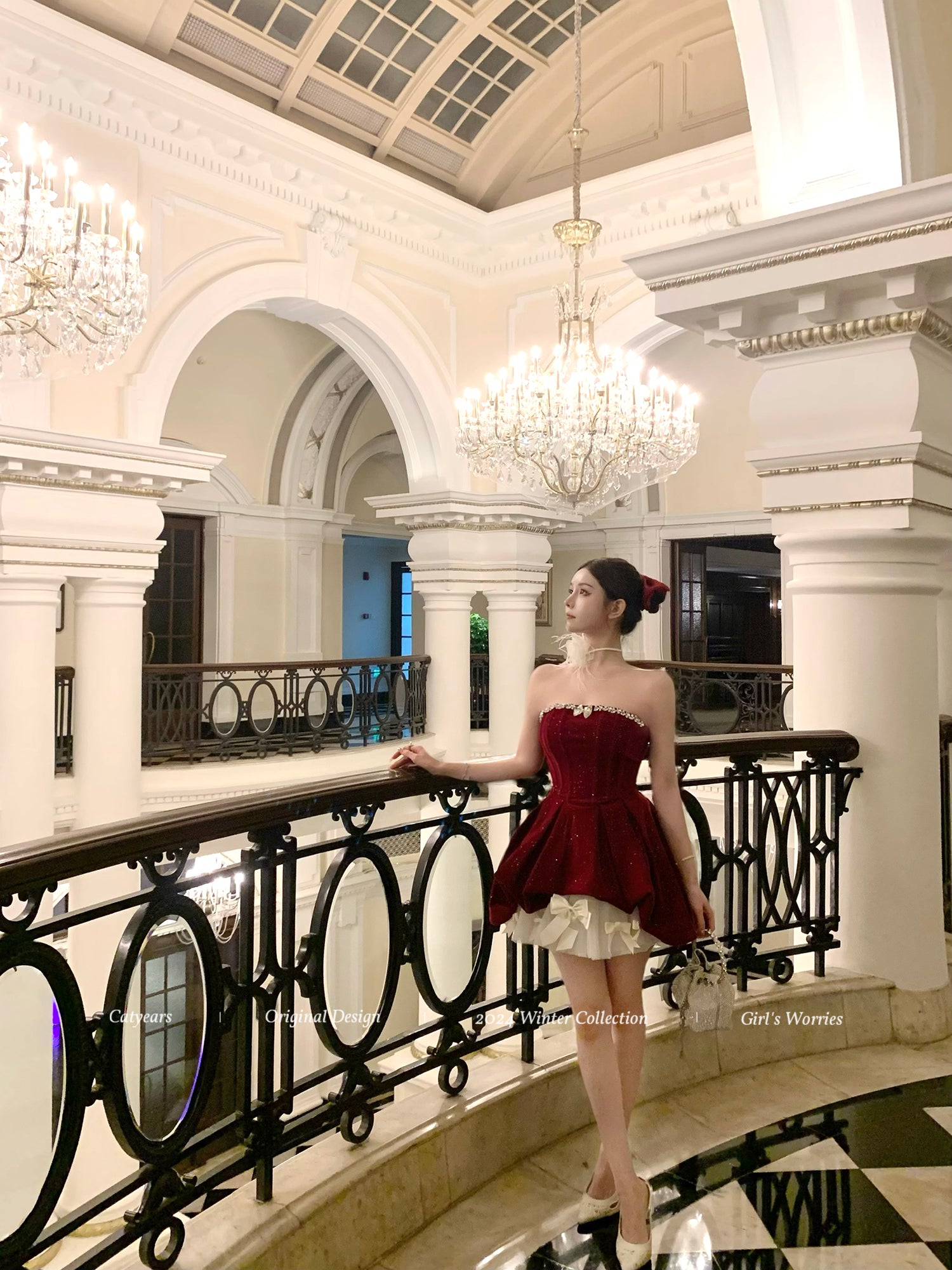 Sparkly Red Velvet Corset Dress Set | Strapless Christmas Party Mini Dress with Bow Petticoat