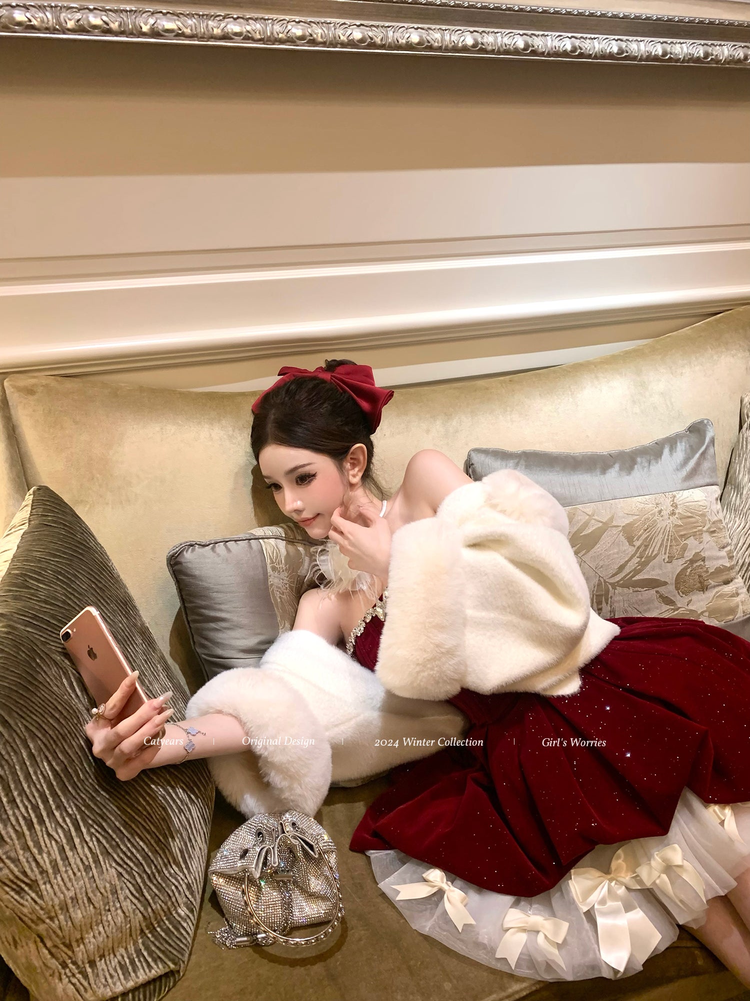 Sparkly Red Velvet Corset Dress Set | Strapless Christmas Party Mini Dress with Bow Petticoat