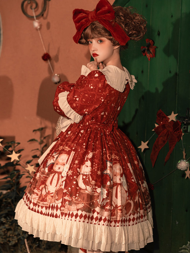 Sweet Bear Christmas Lolita Dress & Cape — Winter Christmas Party Dress, Teddy Print Princess Dress