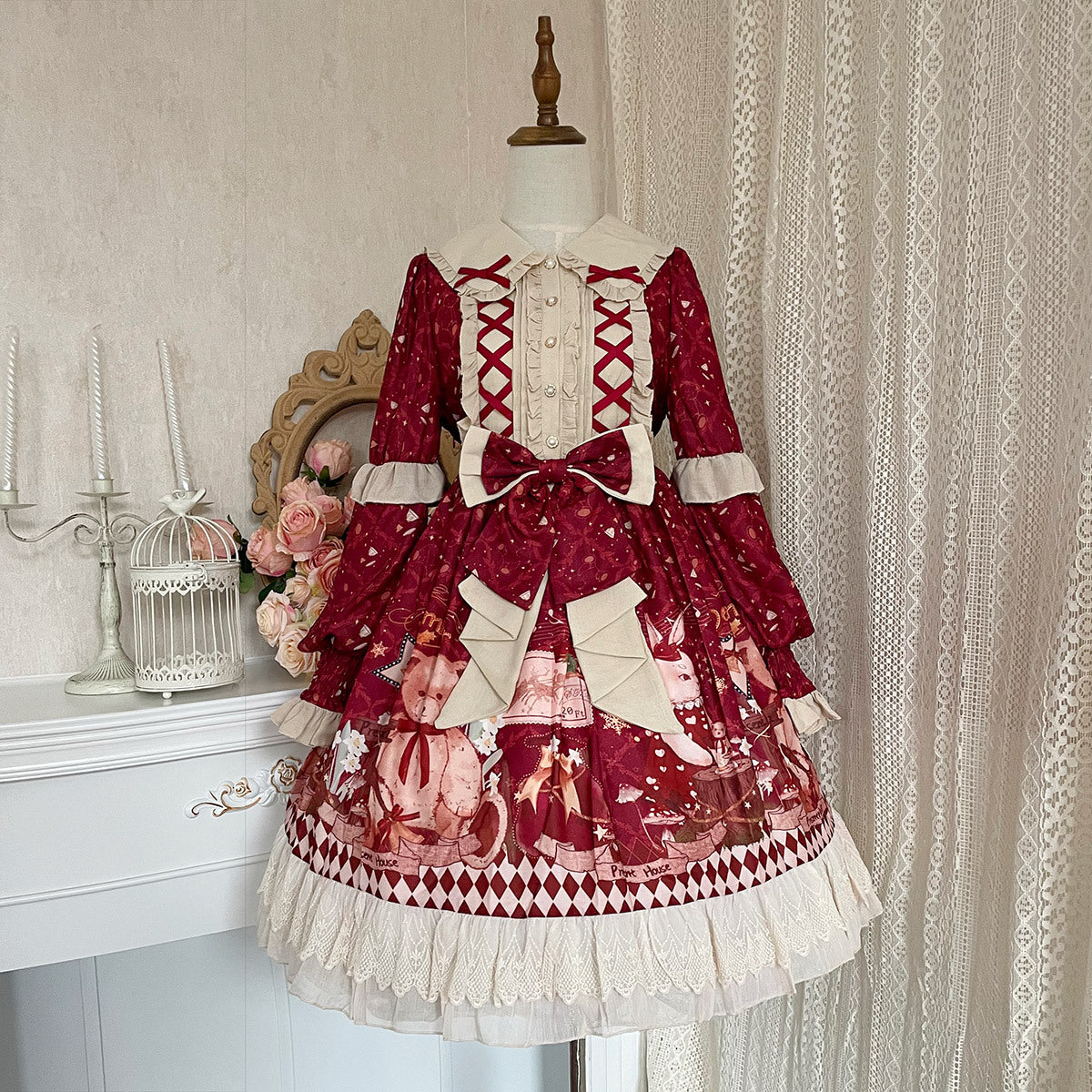 Sweet Bear Christmas Lolita Dress & Cape — Winter Christmas Party Dress, Teddy Print Princess Dress