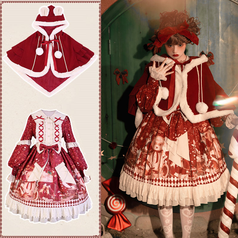 Sweet Bear Christmas Lolita Dress & Cape — Winter Christmas Party Dress, Teddy Print Princess Dress