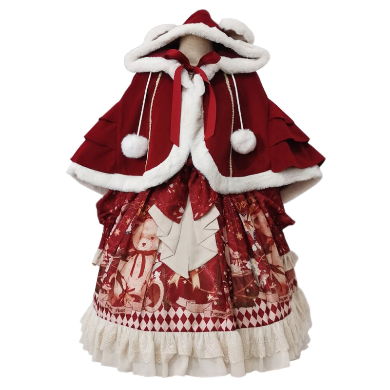Sweet Bear Christmas Lolita Dress & Cape — Winter Christmas Party Dress, Teddy Print Princess Dress
