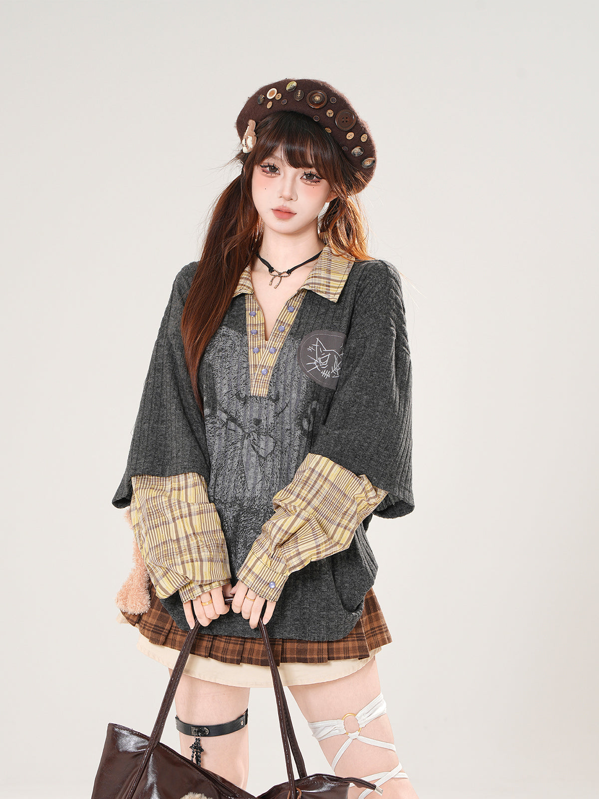 Vintage Kawaii Layered Top – Fake Two-Piece Grunge Academia Shirt