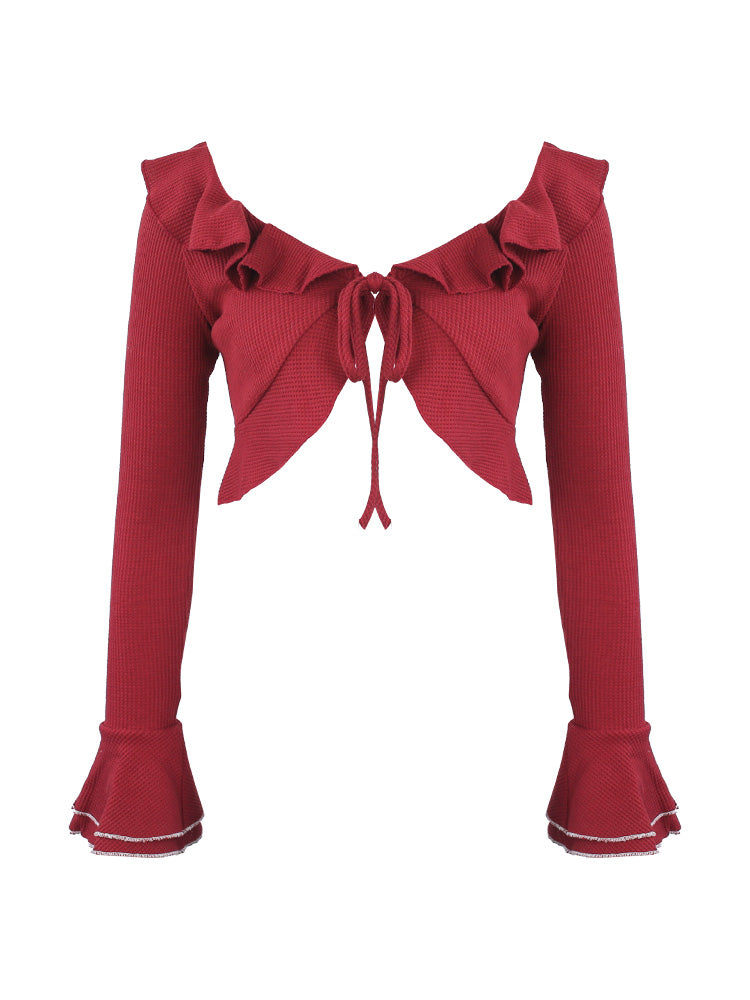 Vintage Coquette Plaid Set — Red Ruffle Cardigan, Lace Corset Camisole & Pleated Mini Skirt | Romantic Academia Aesthetic