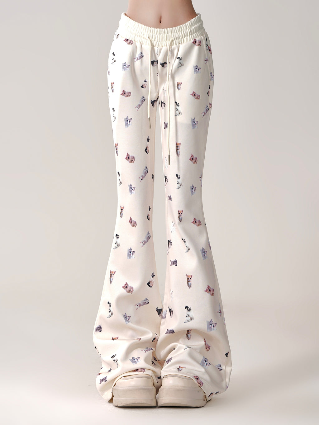 Kawaii Cat Print Flared Lounge Pants – Slim Fit Drawstring Waist Casual Long Pants