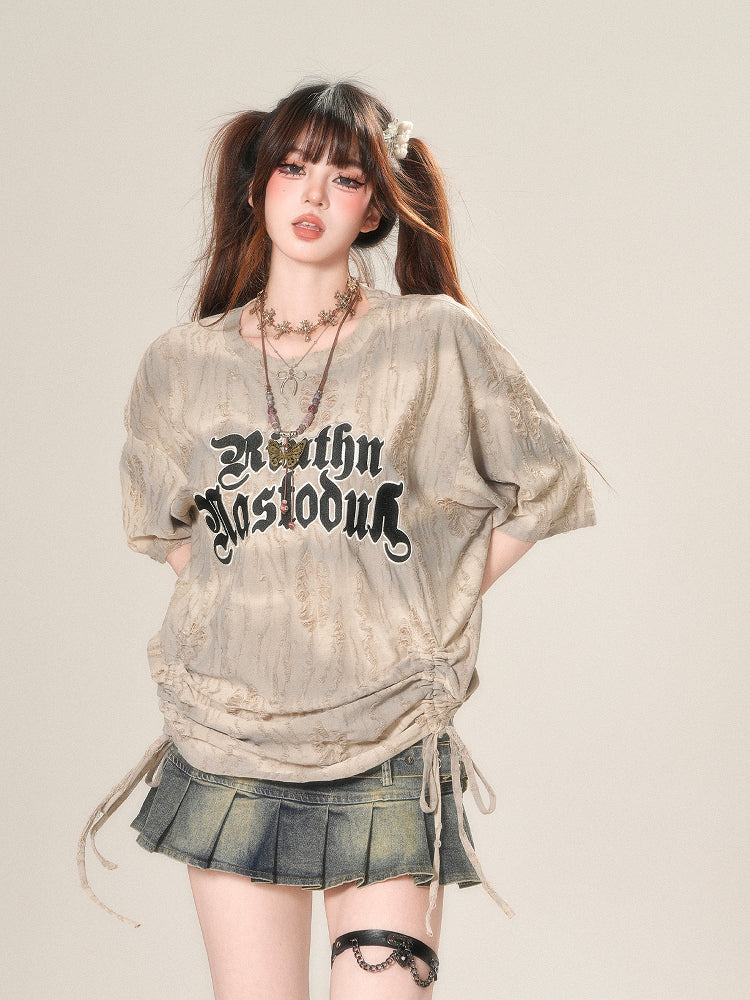 Korean Grunge Drawstring T-Shirt – Loose Fit Vintage Street Top