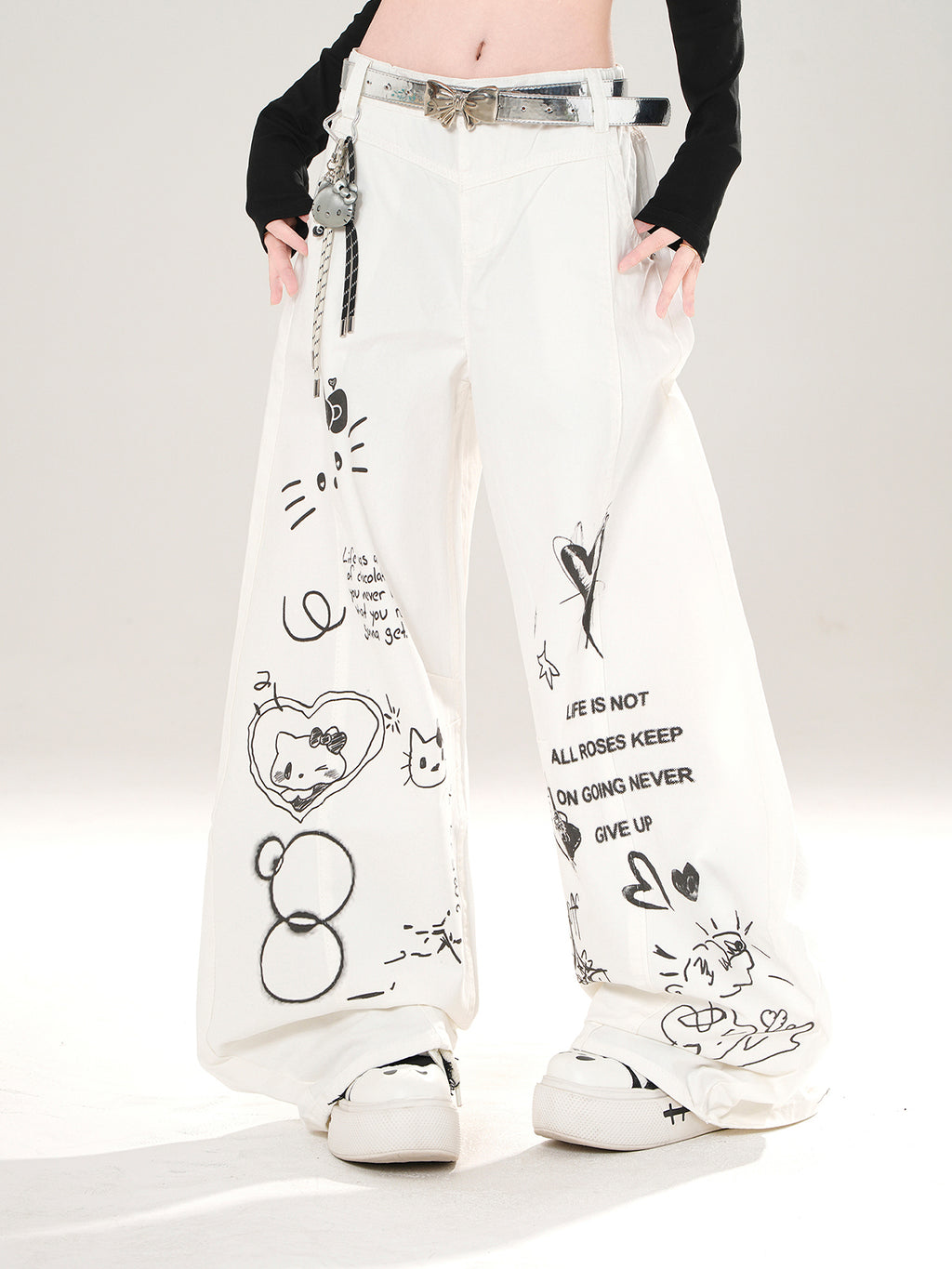 Street Style Wide-Leg Pants – Cute Graffiti Loose Fit Trousers
