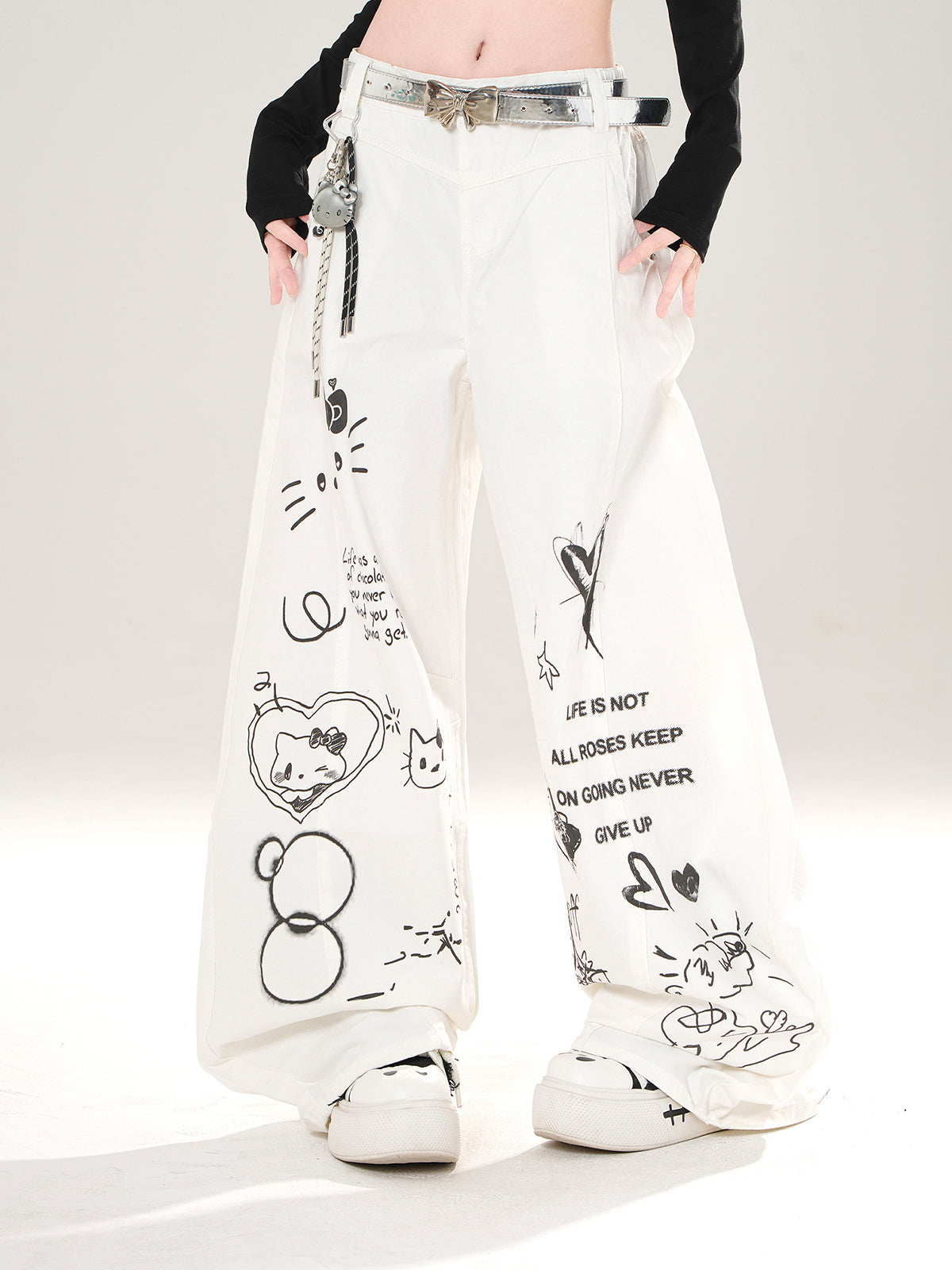 Street Style Wide-Leg Pants – Cute Graffiti Loose Fit Trousers