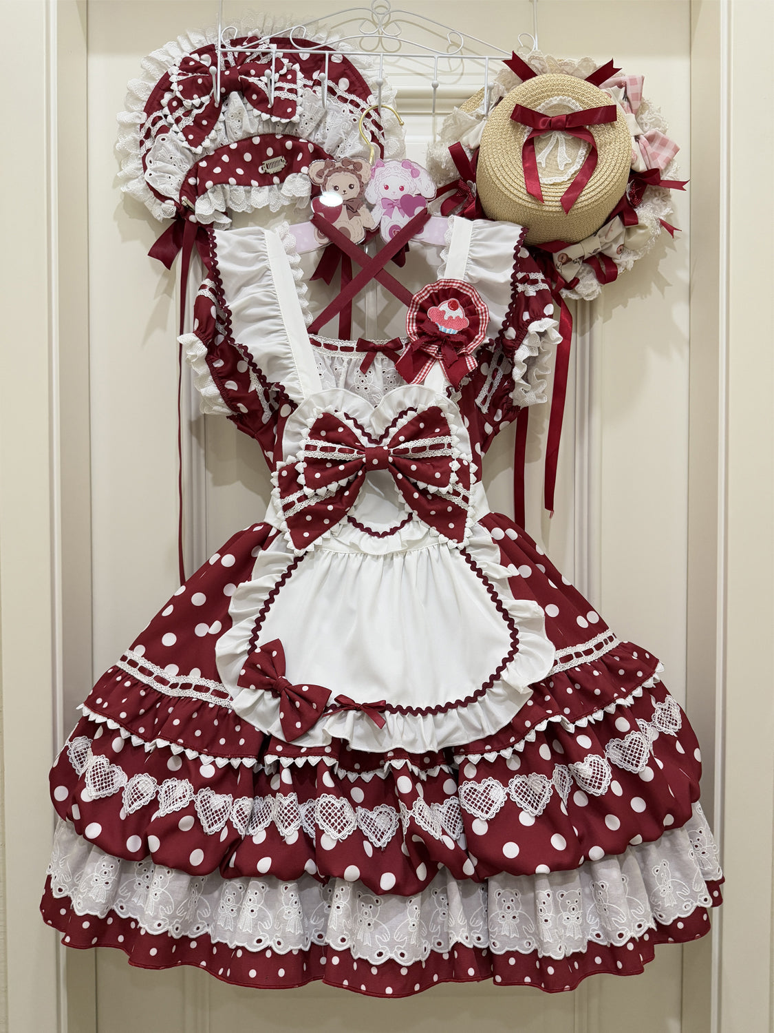 Sweet Lolita Patisserie OP Set— Heart Lace, Polka Dots, Tiered Cupcake Skirt, Coquette/Dollcore Vibes