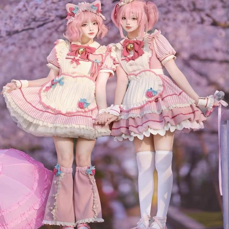 Sweet Strawberry Lolita Dress – Pink Puff Sleeve OP with Apron Bow Design