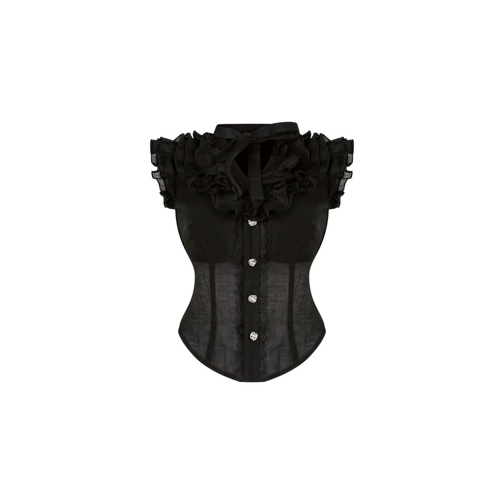 Kawaii Black Lace Ruffle Mini Dress – Sweet Gothic Lolita with Cape & Bow Accents