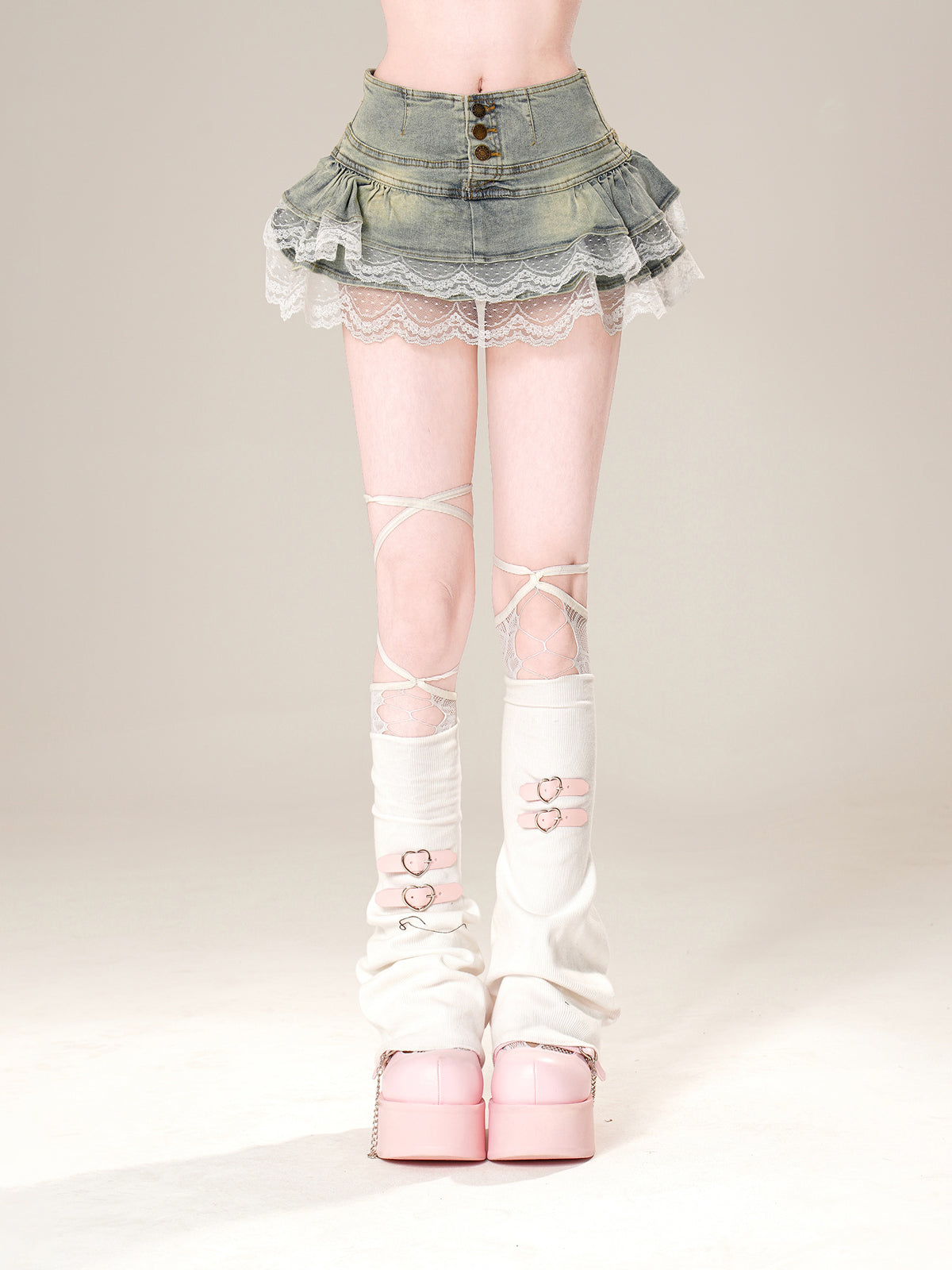 Kawaii Denim Lace Mini Skirt – Y2K A-Line Ruffle Skirt for Soft Girl Outfits