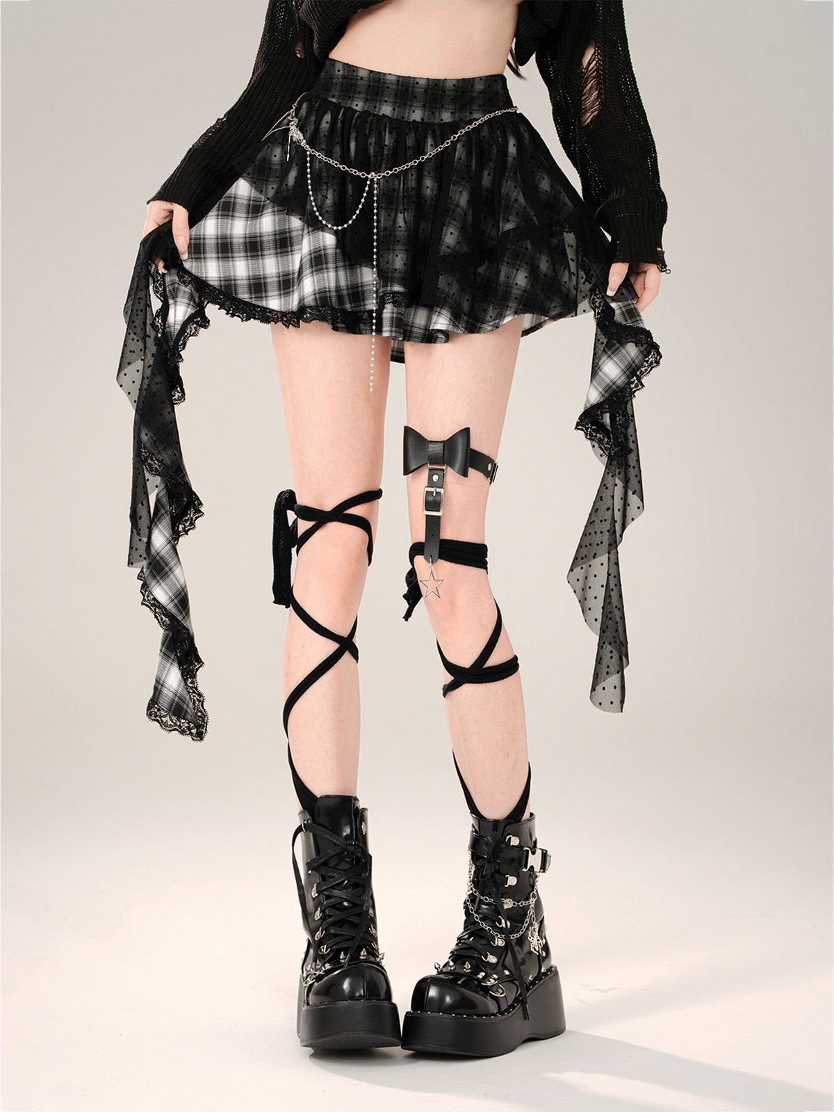 Gothic Plaid Mesh Mini Skirt – Asymmetric Kawaii Punk Ruffle Skirt