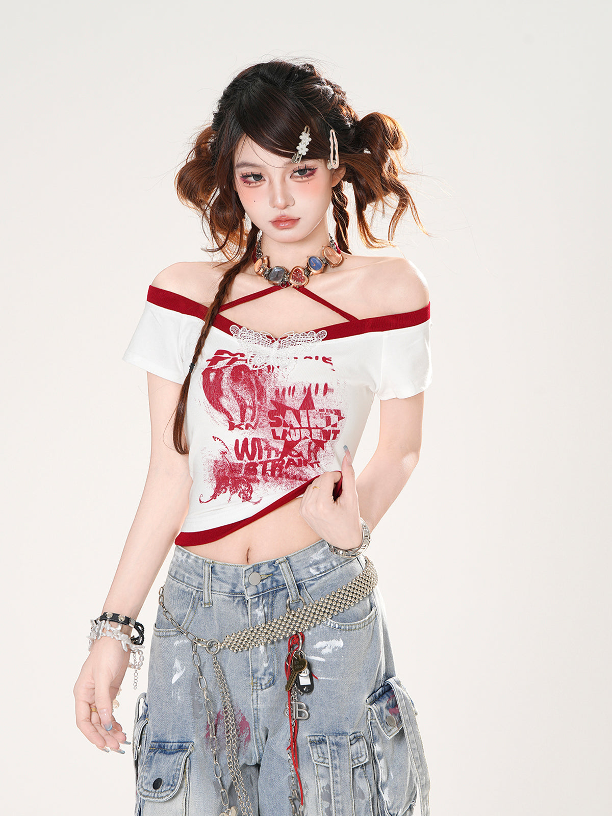 Y2K Lace Halter Off-Shoulder Crop Top – Street Style Short Sleeve Tee